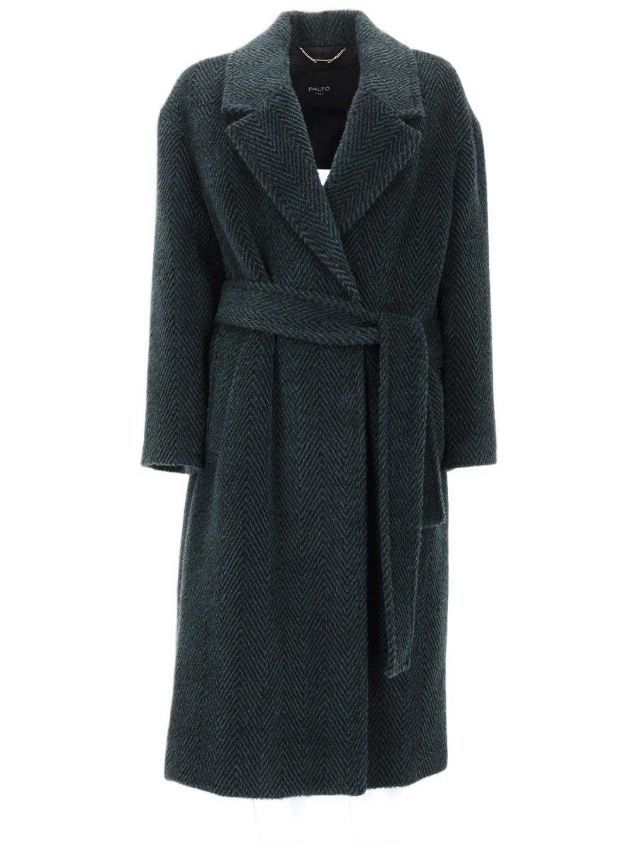Palto Textured Herringbone Coat with Wide Lapel and Cinched Waist Zwart