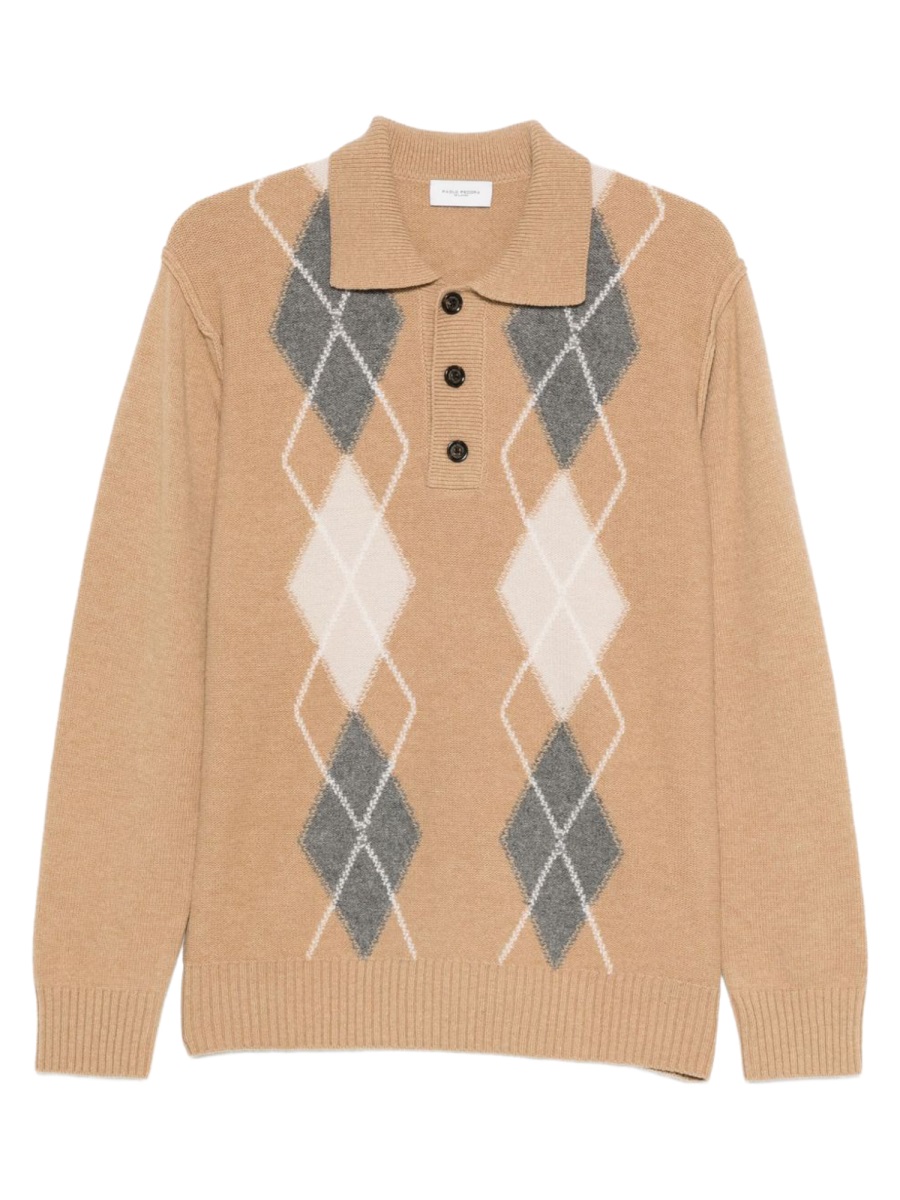 Paolo Pecora Beige Argyle Virgin Wool Polo Shirt Neutraal