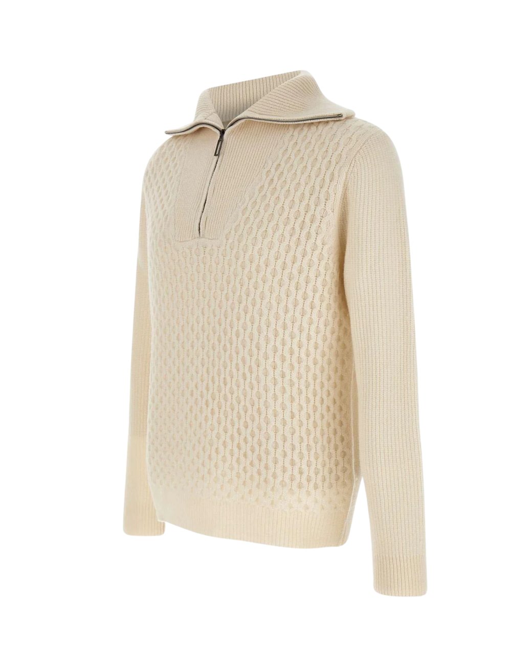 Paolo Pecora Mock-Neck Full-Zip Sweater With Ribbed Details Neutraal
