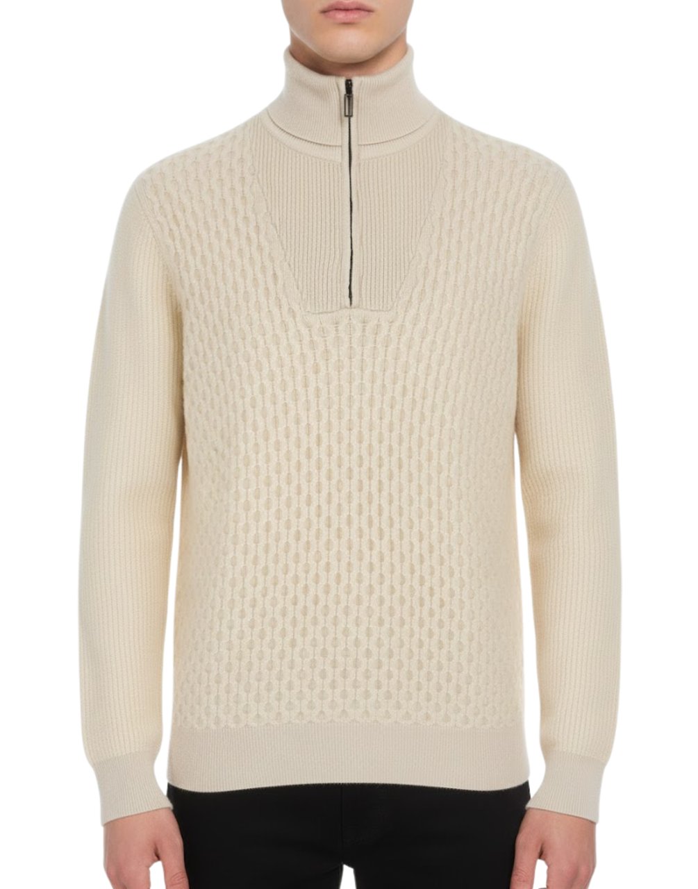 Paolo Pecora Mock-Neck Full-Zip Sweater With Ribbed Details Neutraal