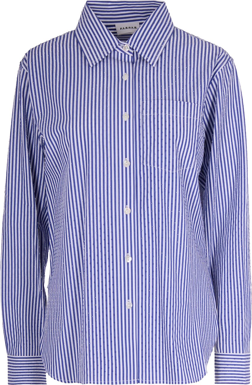 P.A.R.O.S.H. Blue Striped Cotton Shirt with Rhinestones Blauw