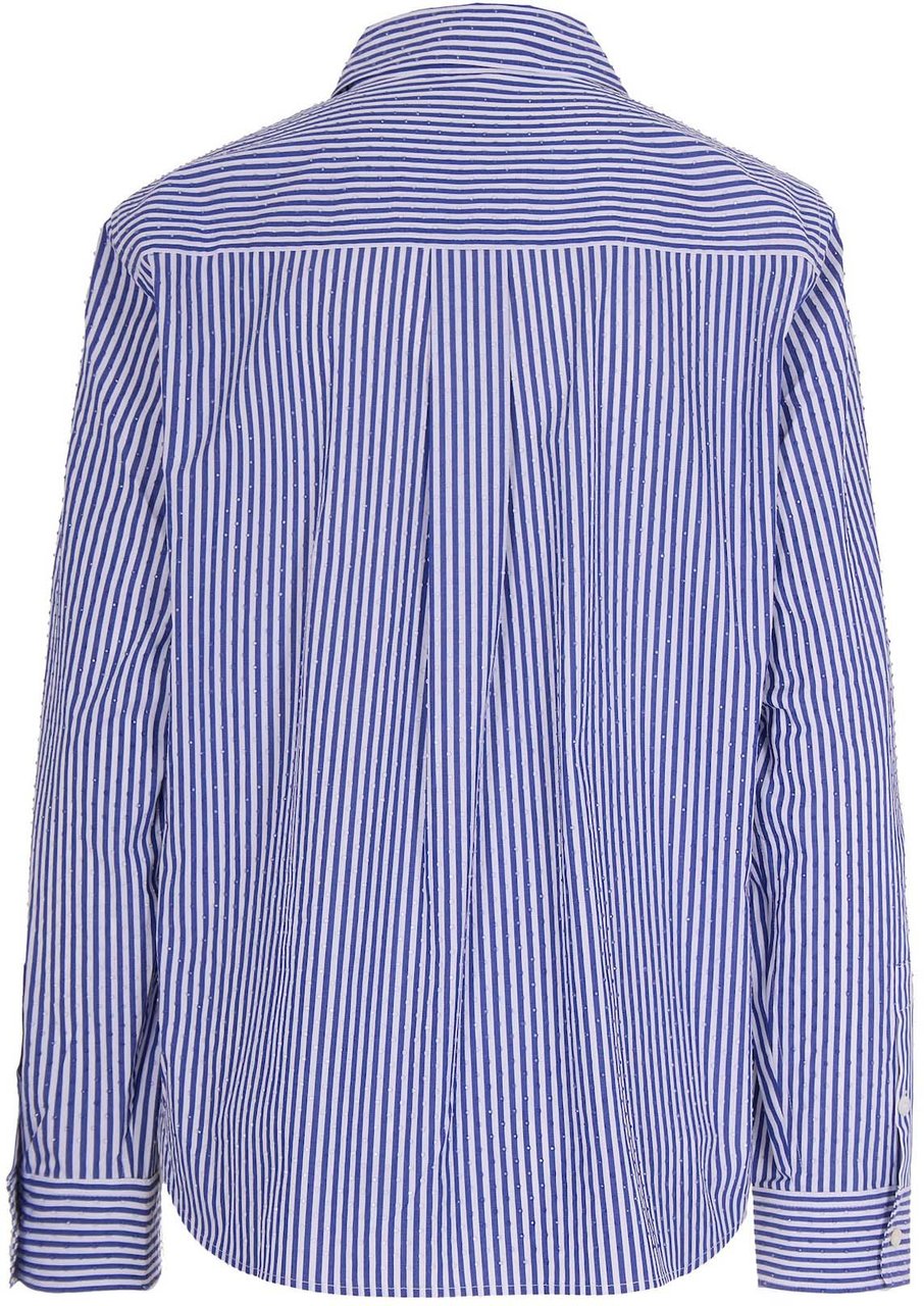 P.A.R.O.S.H. Blue Striped Cotton Shirt with Rhinestones Blauw