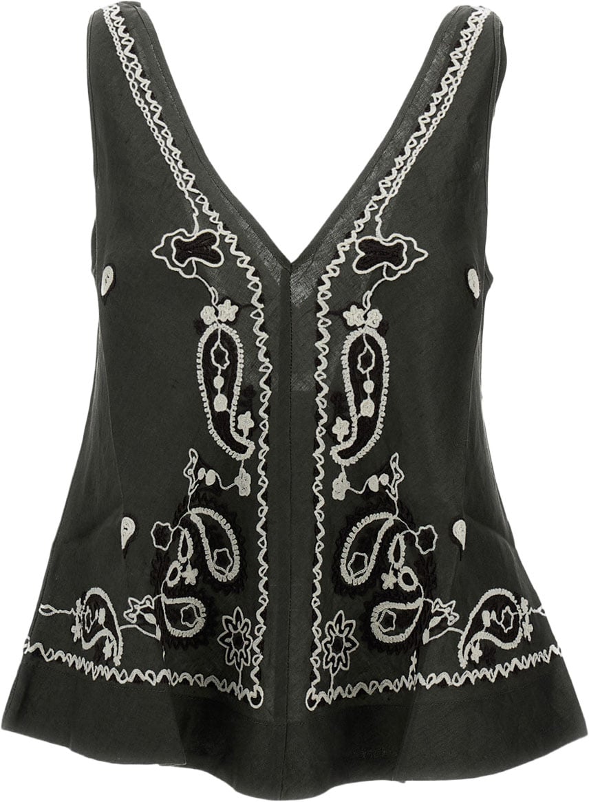 P.A.R.O.S.H. Intricate Embroidered Linen Top with V-Neckline Groen