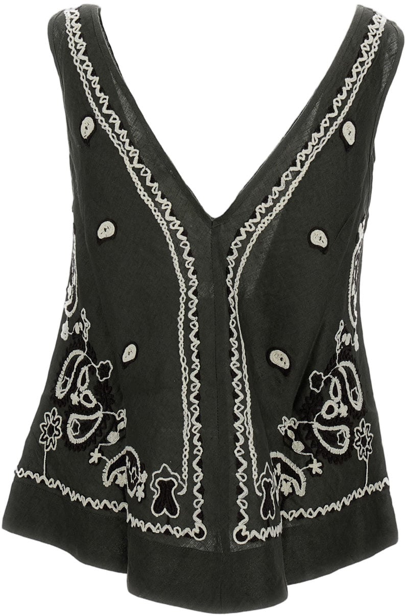 P.A.R.O.S.H. Intricate Embroidered Linen Top with V-Neckline Groen
