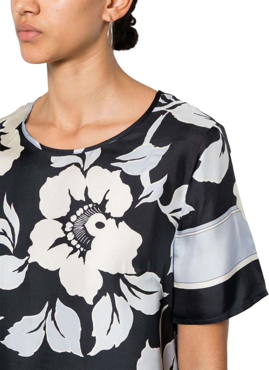 P.A.R.O.S.H. Floral Print Silk Short Sleeve Blouse Zwart