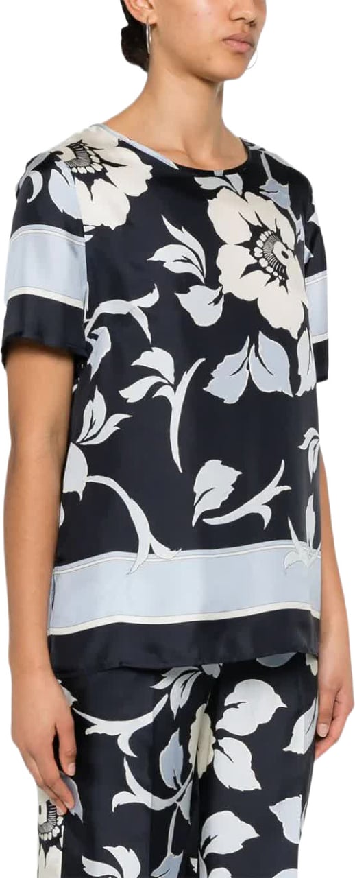 P.A.R.O.S.H. Floral Print Silk Short Sleeve Blouse Zwart