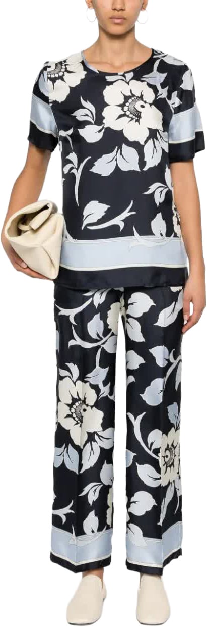 P.A.R.O.S.H. Floral Print Silk Short Sleeve Blouse Zwart