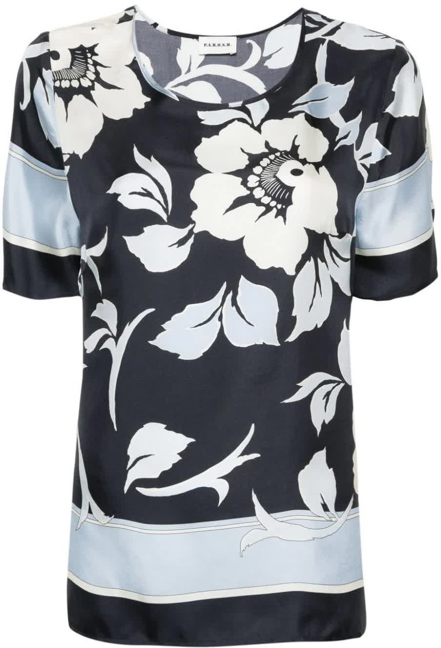 P.A.R.O.S.H. Floral Print Silk Short Sleeve Blouse Zwart
