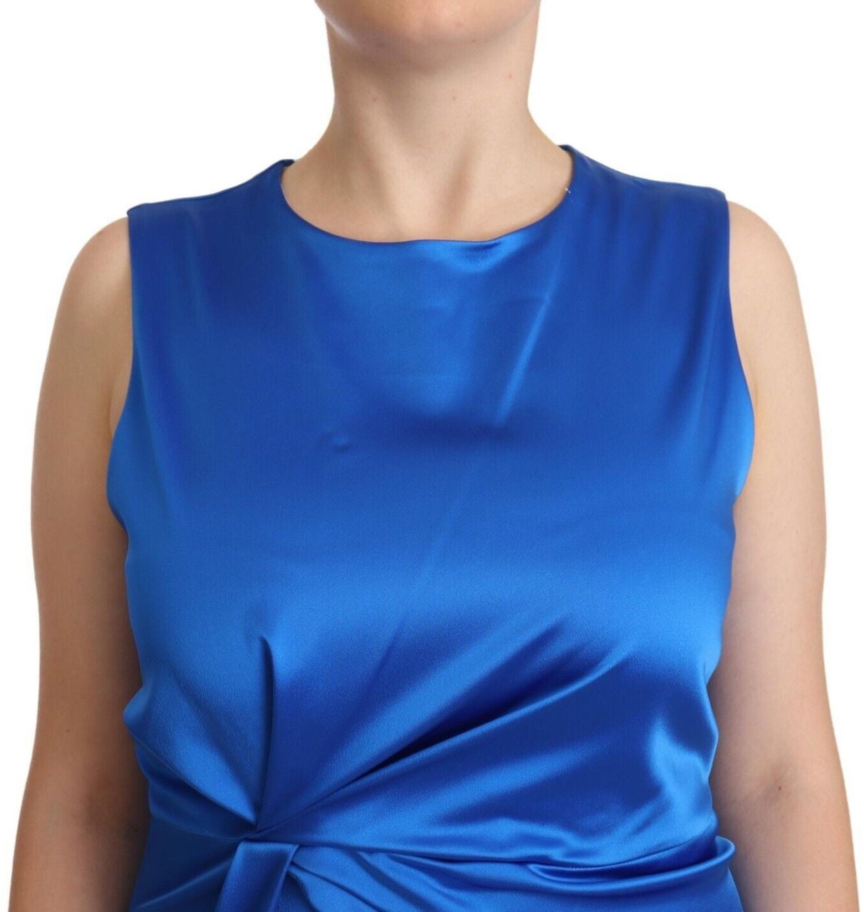 P.A.R.O.S.H. Blue Acetate Sleeveless Pleated Midi Sheath Dress Blauw