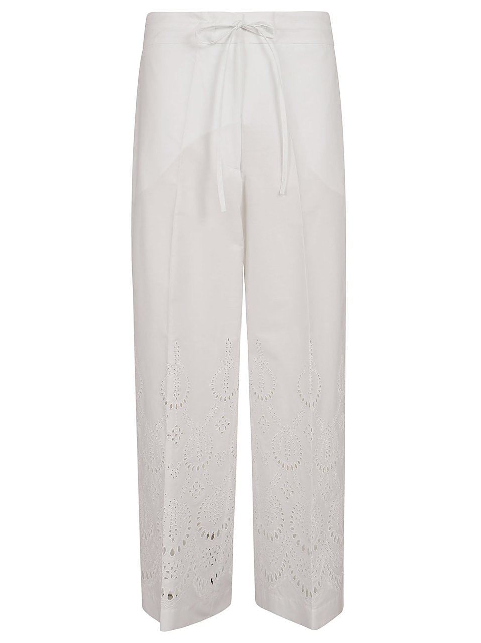 P.A.R.O.S.H. High-Waisted White Trousers with Intricate Eyelet Embroidery Wit