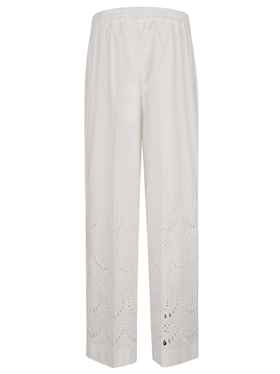P.A.R.O.S.H. High-Waisted White Trousers with Intricate Eyelet Embroidery Wit