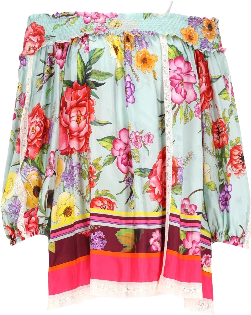 P.A.R.O.S.H. Off-the-Shoulder Floral Print Blouse with Voluminous Sleeves Grijs