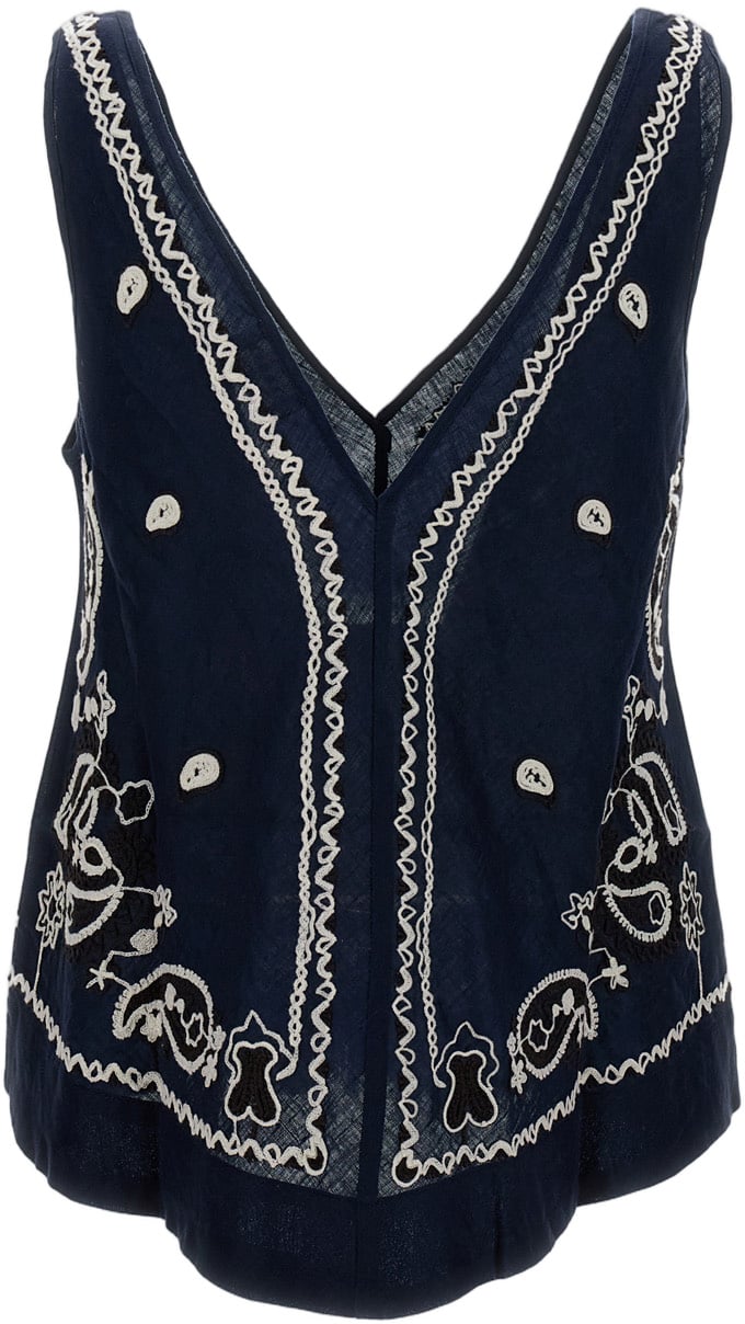P.A.R.O.S.H. Intricately Embroidered Blue Linen Top with V-Neckline Blauw