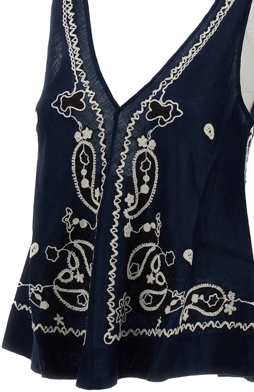 P.A.R.O.S.H. Intricately Embroidered Blue Linen Top with V-Neckline Blauw