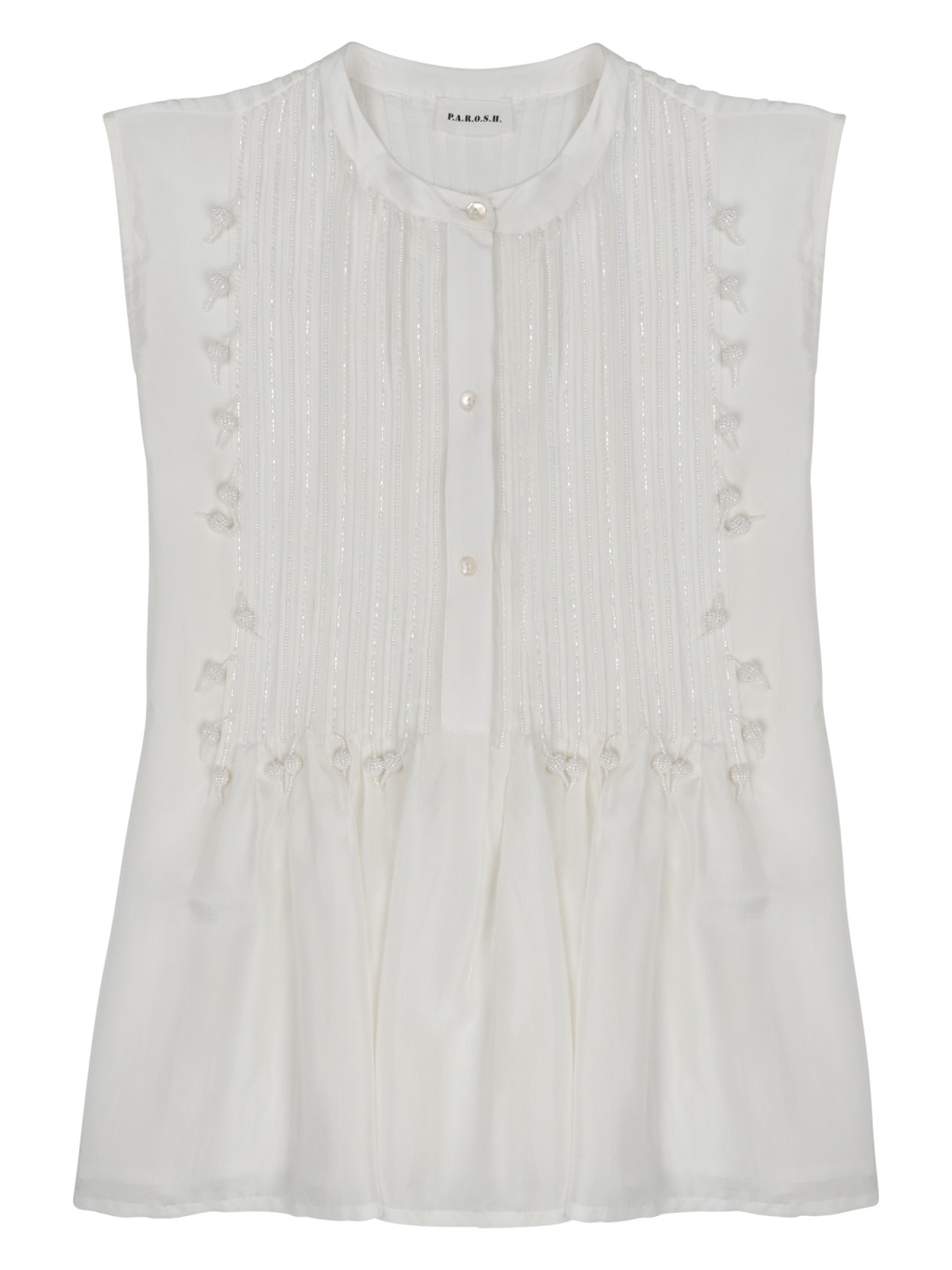 P.A.R.O.S.H. Round Neck Silk Blouse With Pintuck Pleats And Embroidery Grijs