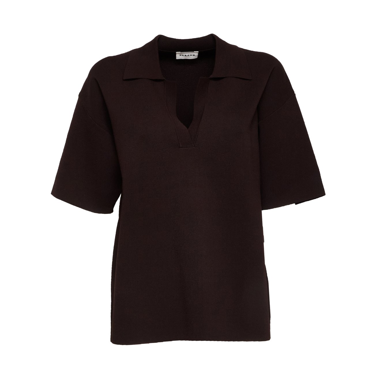 P.A.R.O.S.H. Brown Half Sleeve Top with Collar and V-Neckline Zwart