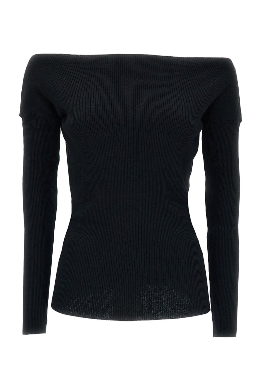 P.A.R.O.S.H. Black Ribbed Wool Off-Shoulder Top Zwart