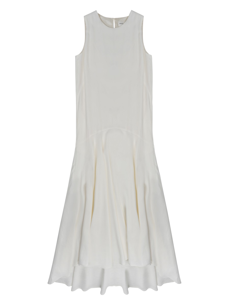 P.A.R.O.S.H. Sleeveless Midi Dress With Ruffled Hem And Round Neckline Wit