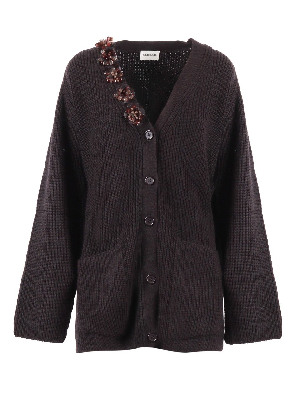 P.A.R.O.S.H. Chunky Ribbed Floral Cardigan Zwart