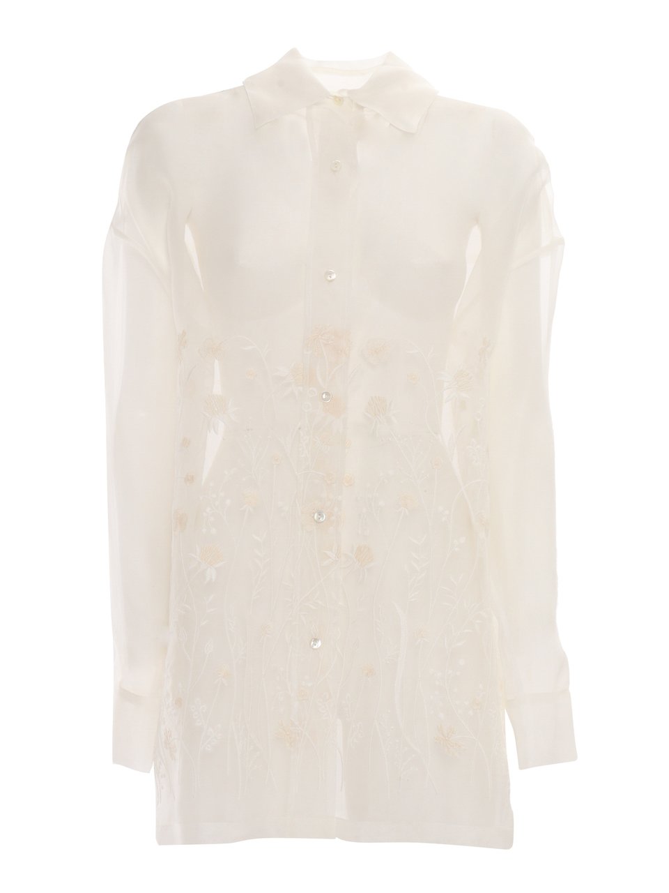 P.A.R.O.S.H. Sheer Silk Shirt With Floral Embroidery Neutraal