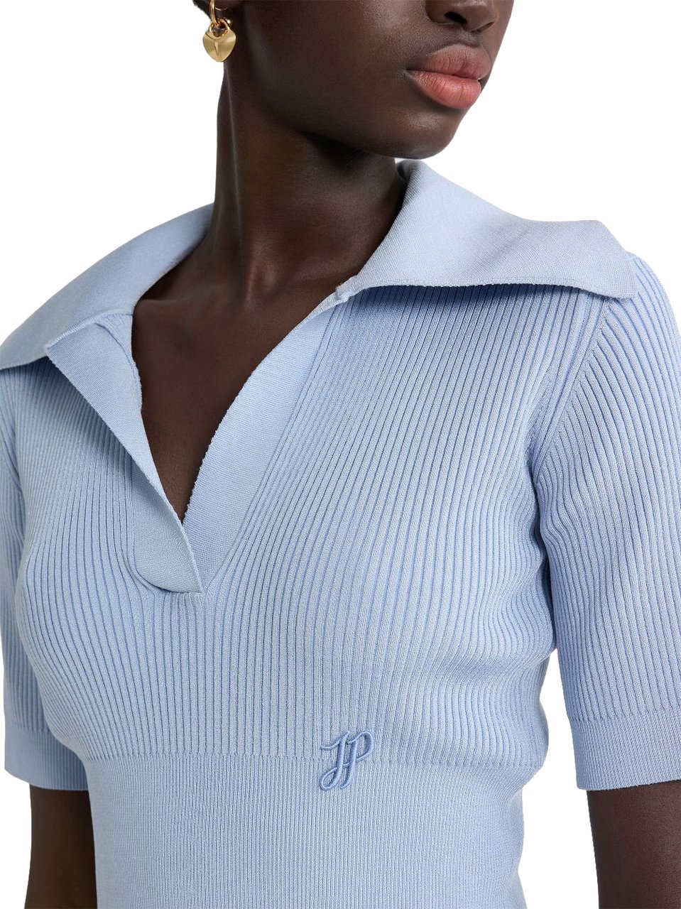 Patou Light Blue Ribbed Knit Polo Top Blauw