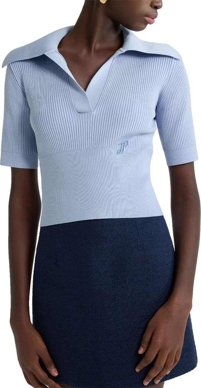Patou Light Blue Ribbed Knit Polo Top Blauw