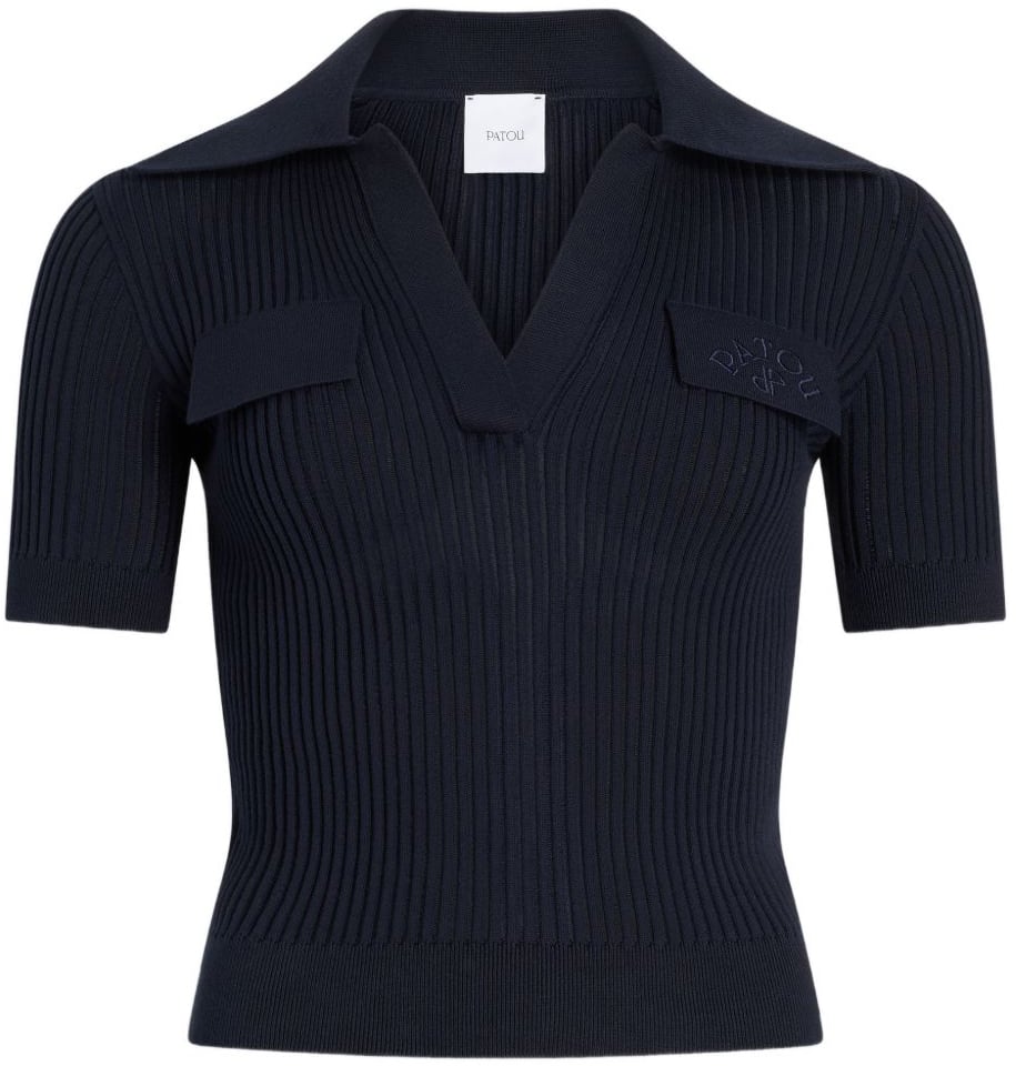 Patou Deep V-Neck Short-Sleeved Sweater With Chest Pockets Zwart