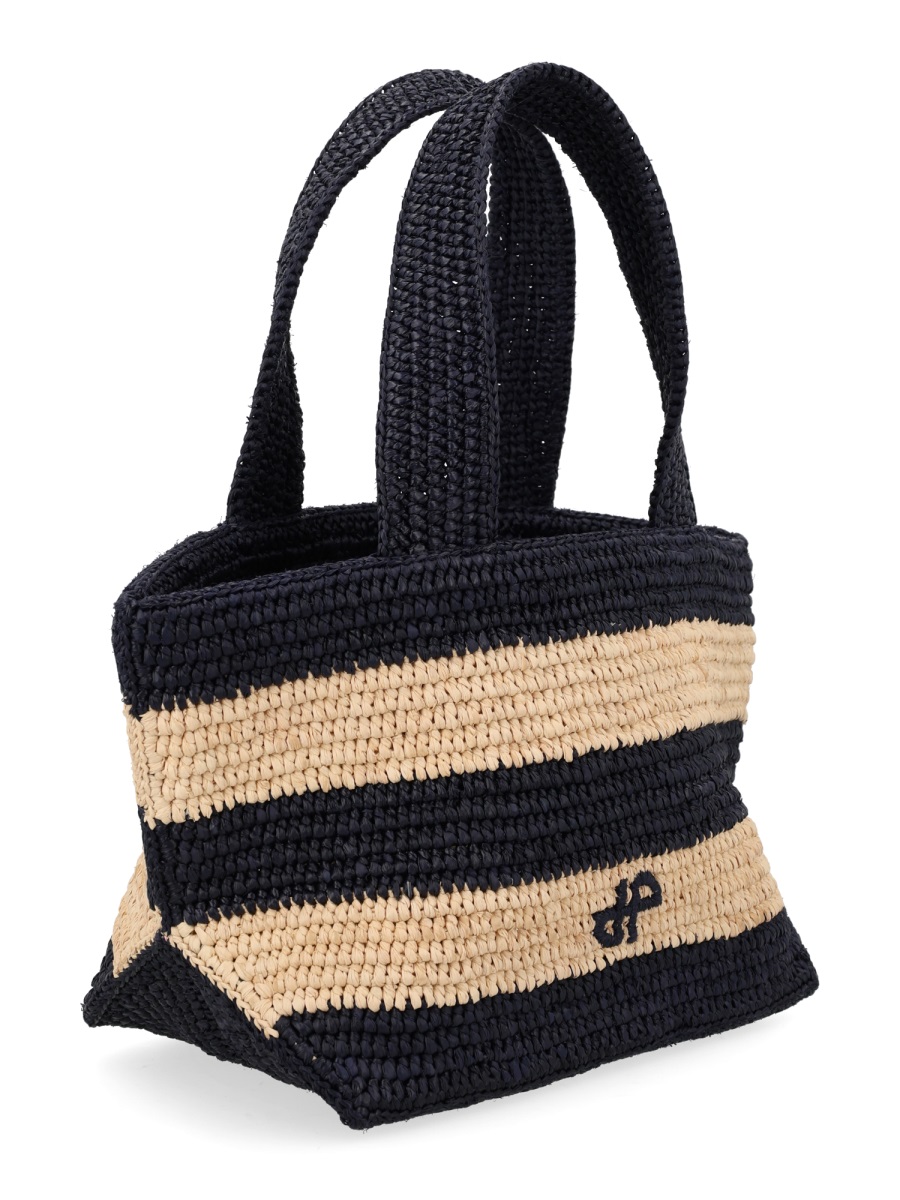 Patou Black Striped Woven Raffia Tote Bag Zwart