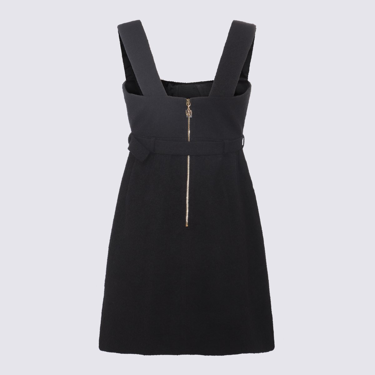 Patou Sleeveless Mini Dress with Belted Waist and Square Neckline Zwart