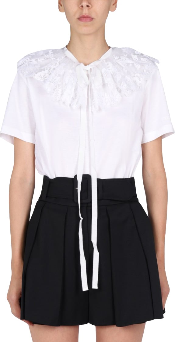 Patou Intricate Lace Embroidery Collar T-Shirt Wit