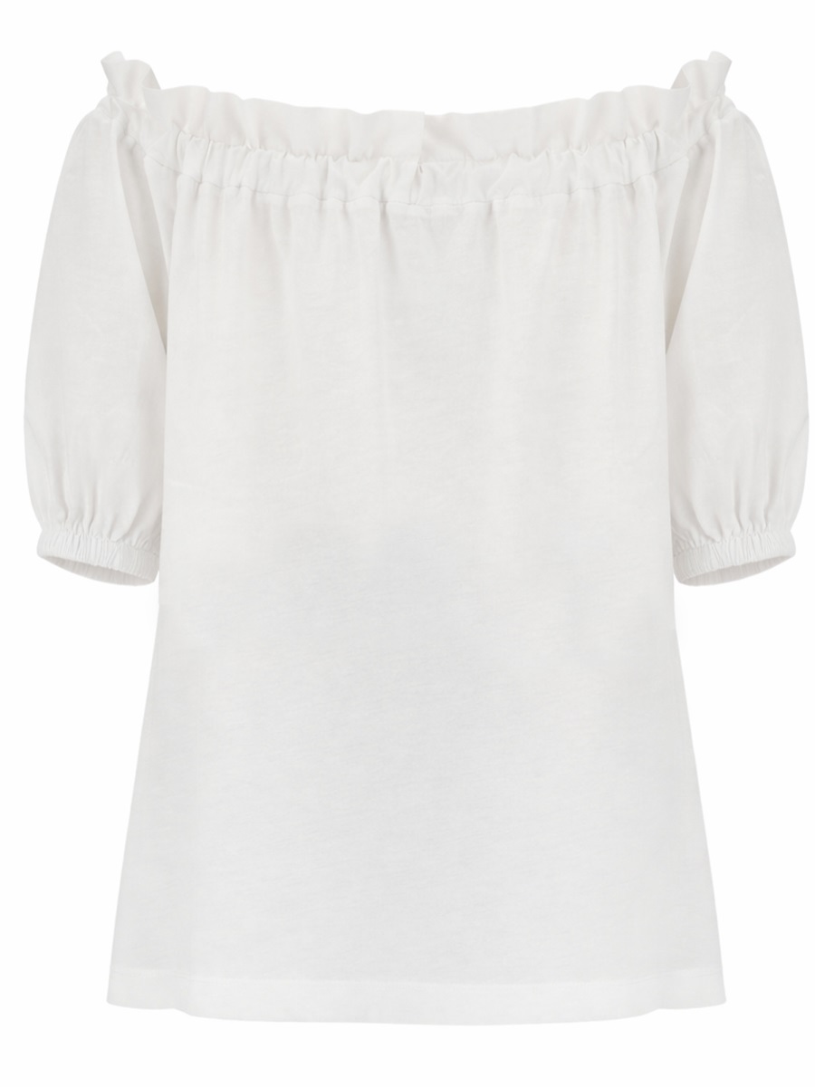 Patou Volume Ruffled Off-Shoulder Puff Cotton Top Wit