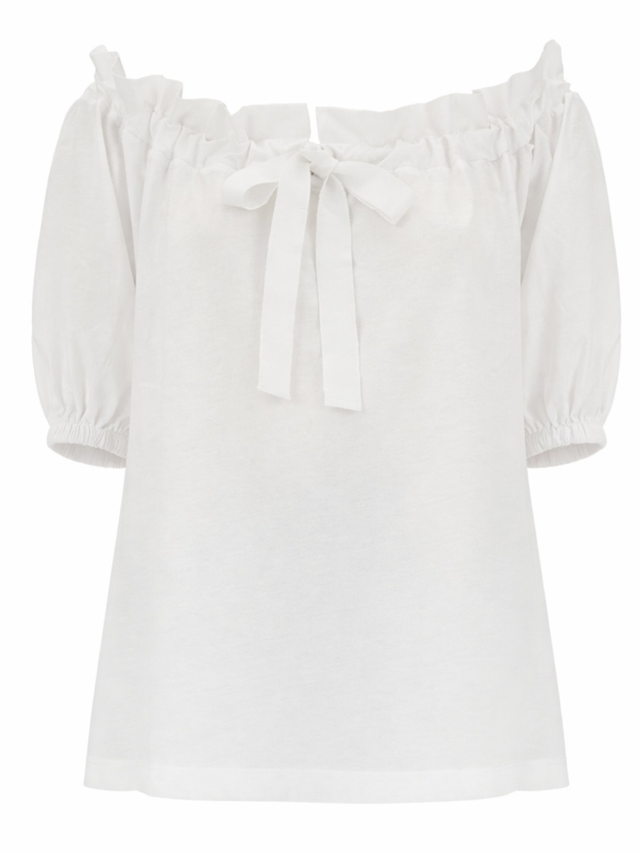 Patou Volume Ruffled Off-Shoulder Puff Cotton Top Wit
