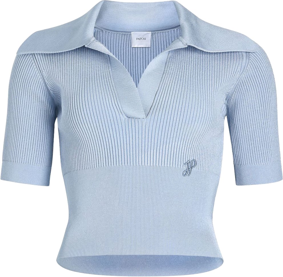 Patou Light Blue Ribbed Knit Polo Top Blauw