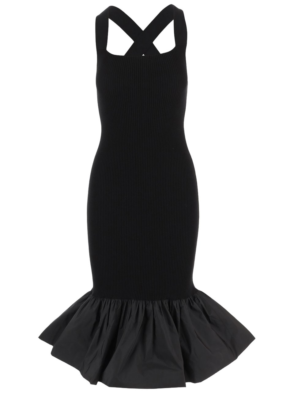 Patou Fitted Black Midi Dress with Ruffled Hem Zwart