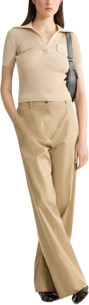Patou Neutral Ribbed Knit Fitted Polo Shirt Neutraal