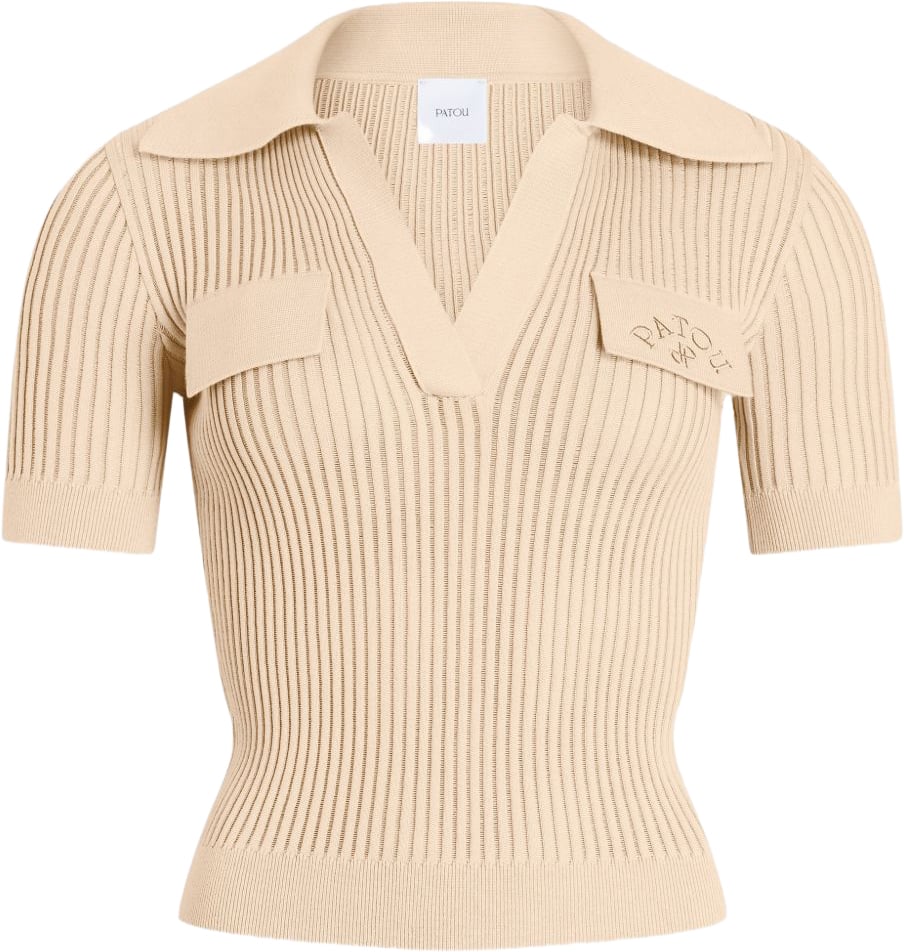 Patou Neutral Ribbed Knit Fitted Polo Shirt Neutraal