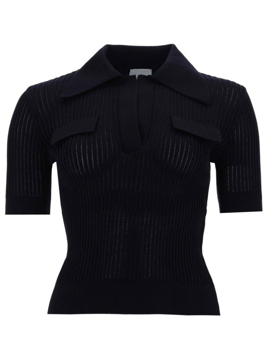 Patou Ribbed Semi-Sheer Polo Shirt Zwart