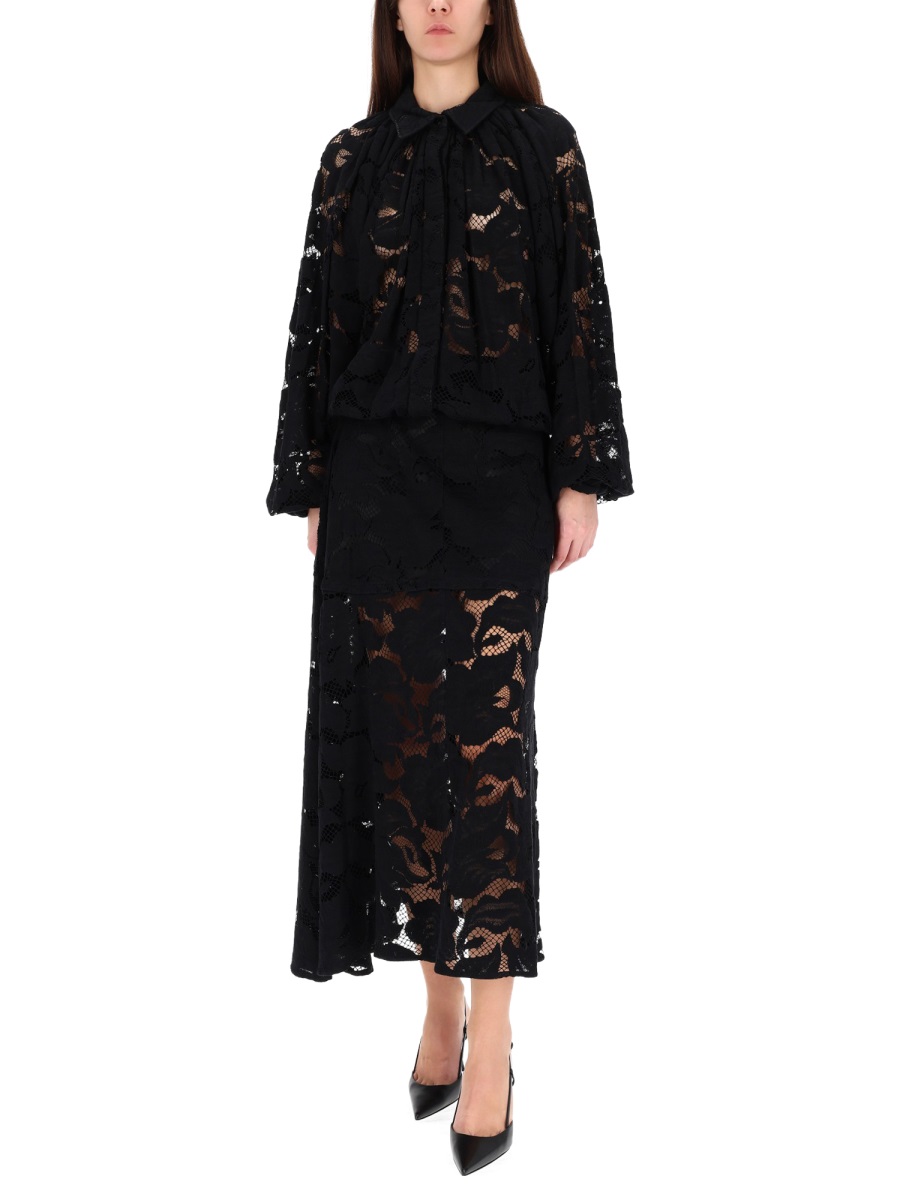 Patou Black Intricate Lace Midi Skirt Zwart