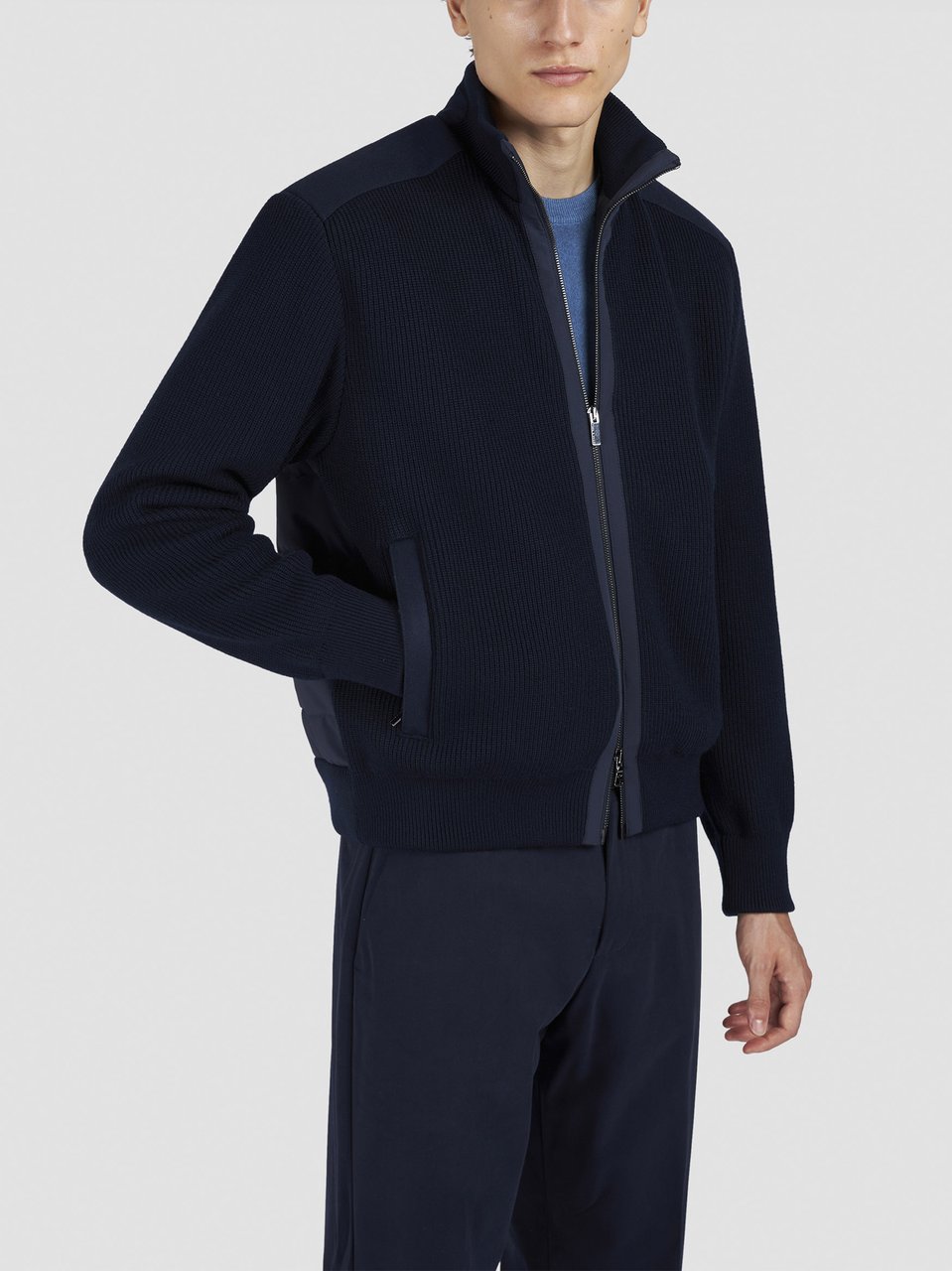 Paul & Shark Ribbed Wool Jacket With Quilted Back Panel And Zip Closure Blauw