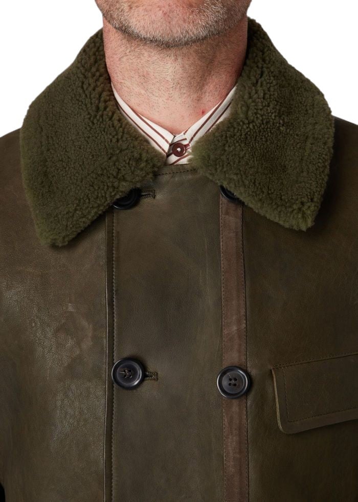 Paul Smith Caban croisé cuir vert col fourrure Paul Smith Homme M1R 653Z T02813 35 Groen