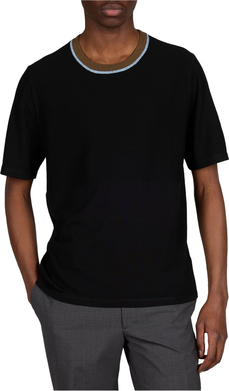 Paul Smith Pull manches courtes noir col rayé ciel taupe laine Paul Smith Homme M2R 820Z V22678 79 Zwart