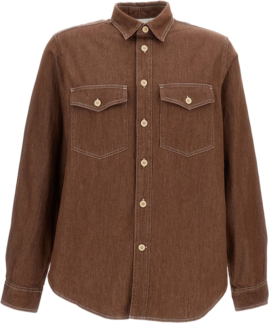 Paul Smith Textured Brown Cotton Shirt With Pointed Collar And Structured Pockets Bruin