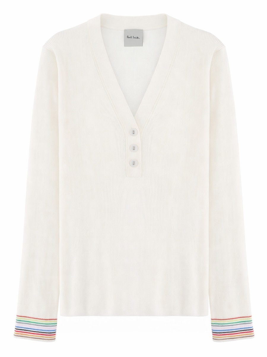 Paul Smith Neutrals Deep V-Neck Buttoned Cotton Sweater Wit