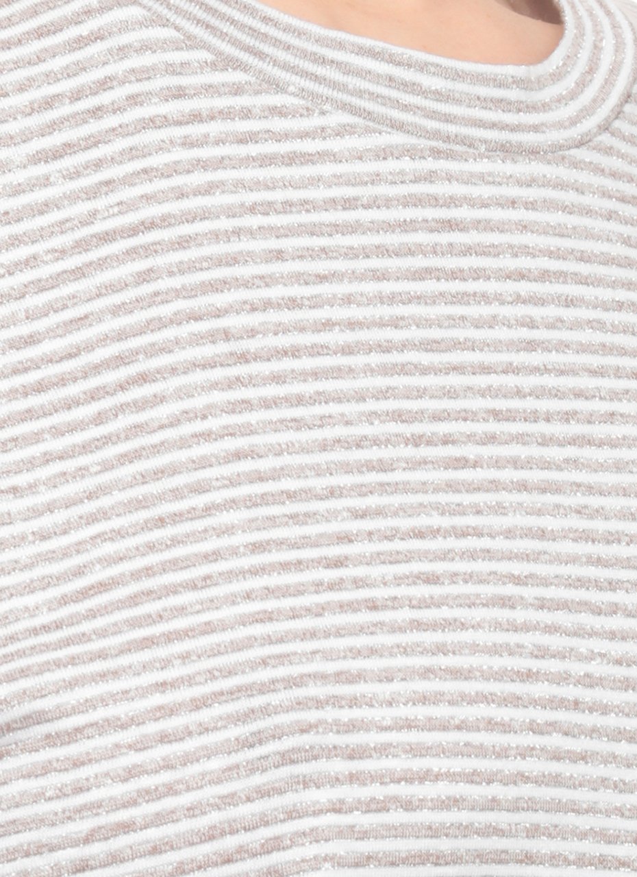 Peserico Beige Lurex Striped Cotton-Linen T-Shirt Wit