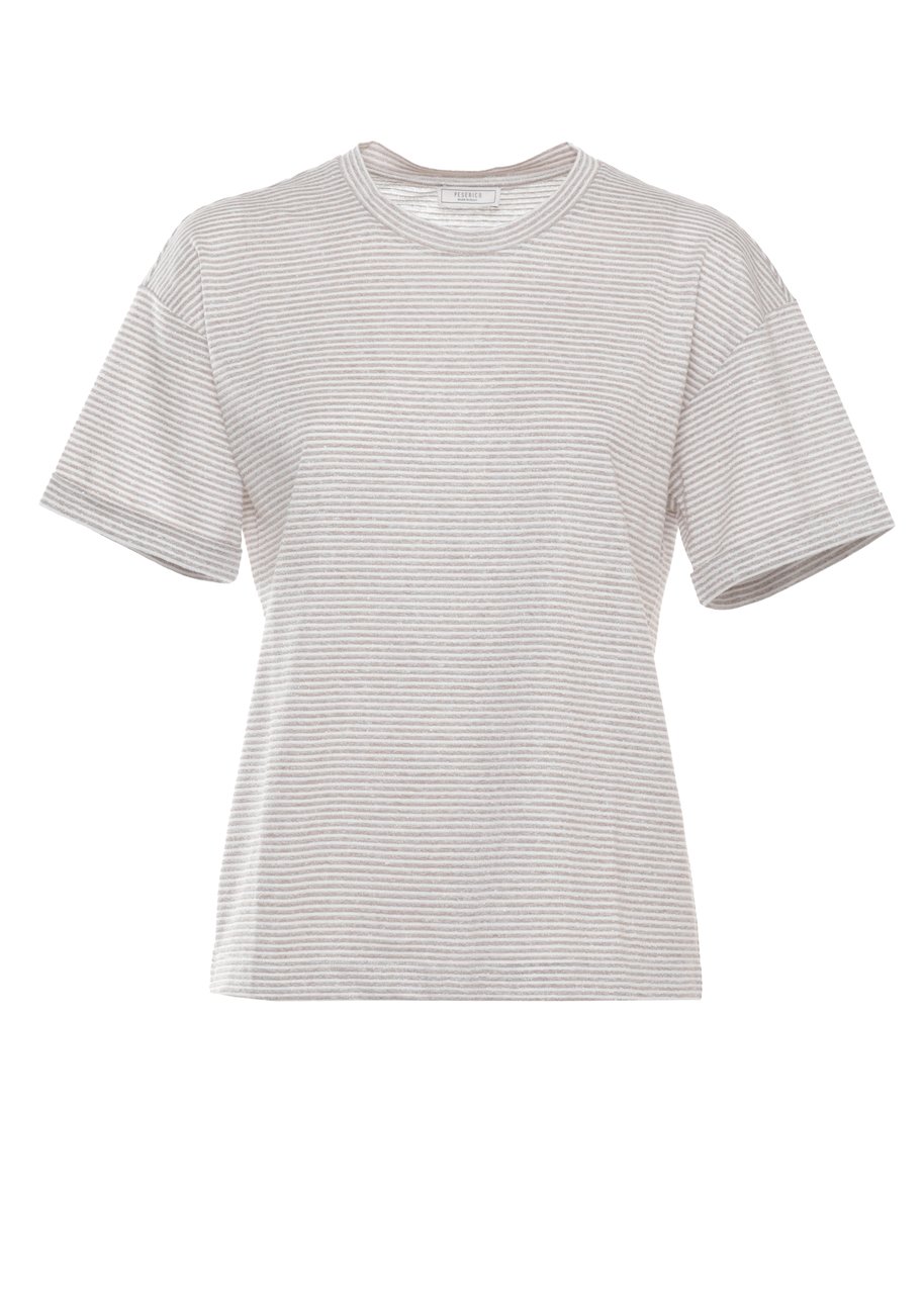 Peserico Beige Lurex Striped Cotton-Linen T-Shirt Wit