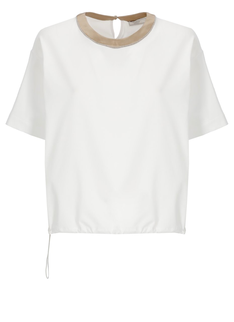 Peserico White Cotton-Blend Silk-Trim T-Shirt Wit