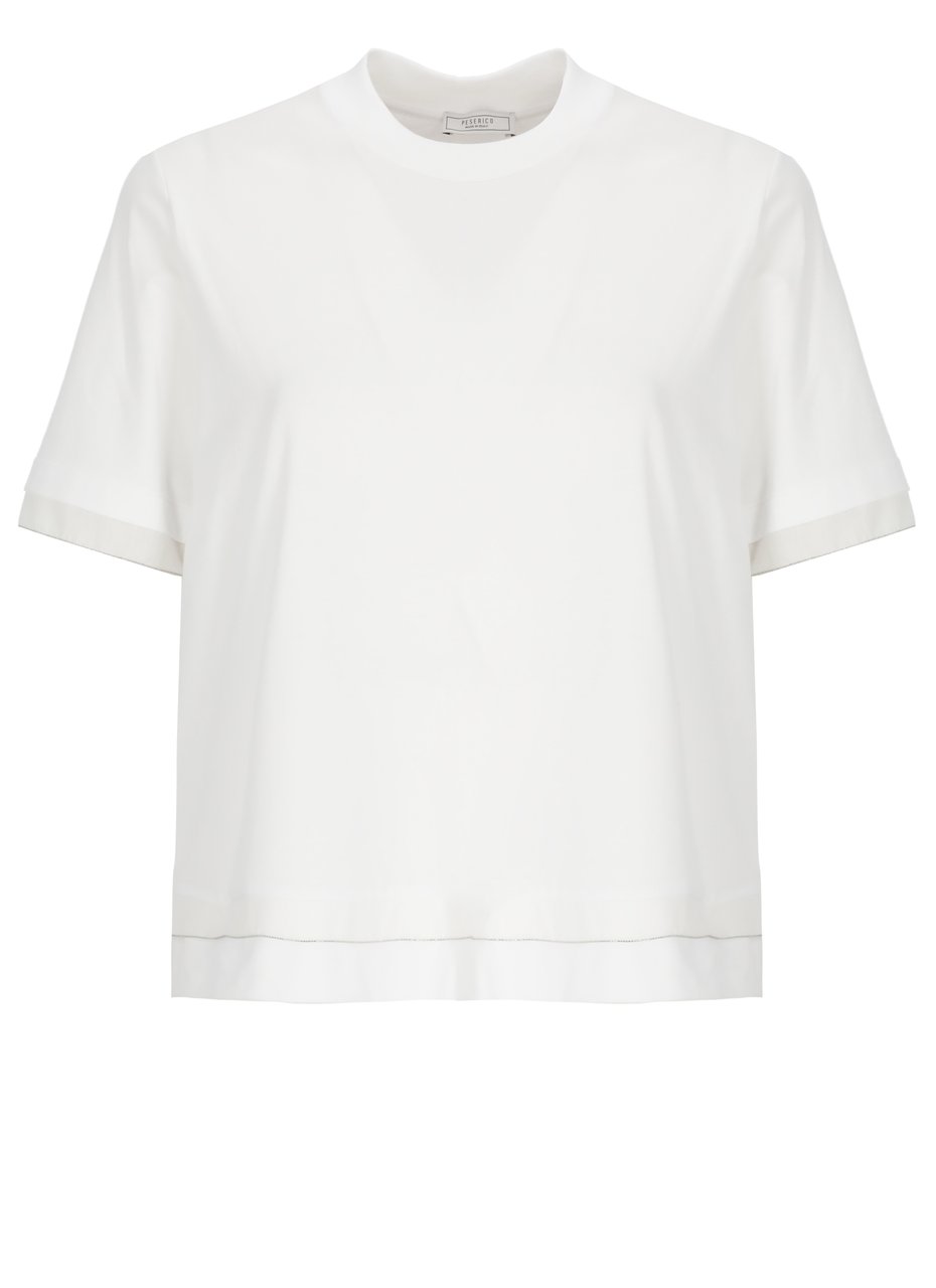Peserico White Cotton Embellished T-Shirt Wit
