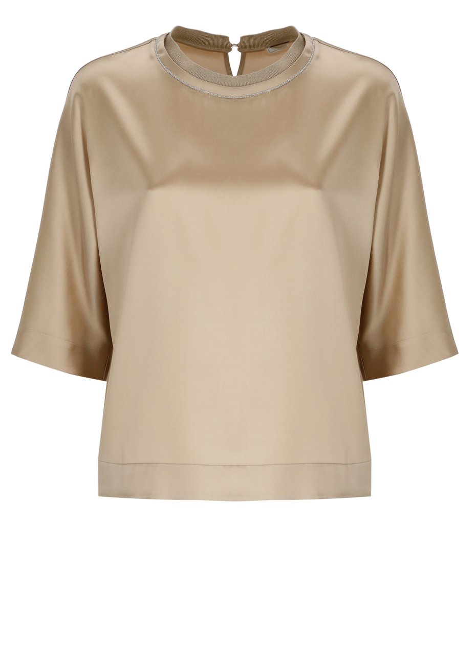 Peserico Gold Silk Round Neck Blouse Neutraal