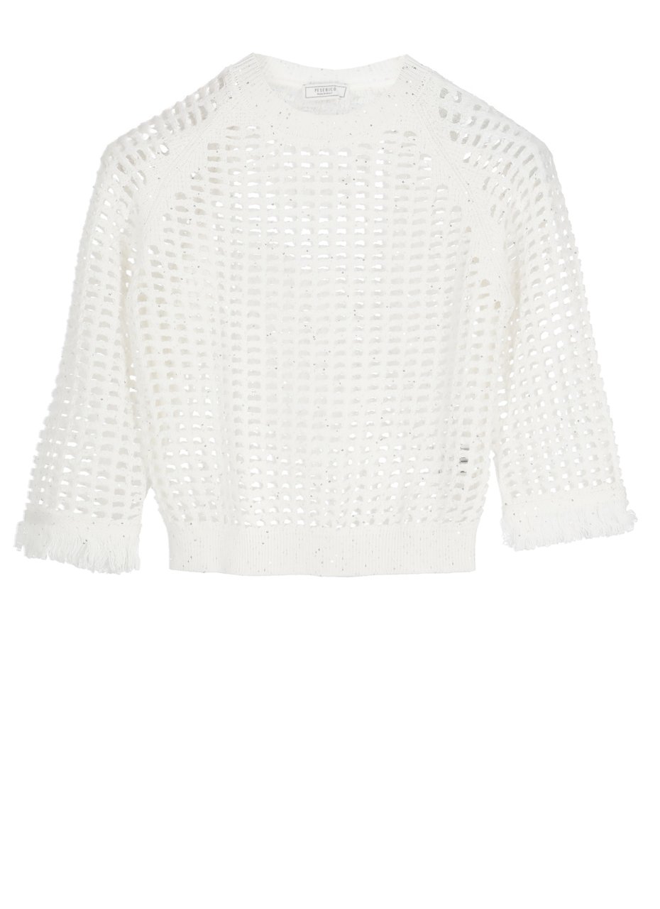 Peserico Ivory Cotton Sequin Perforated Sweater Wit