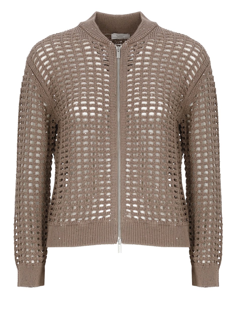 Peserico Brown Perforated Sequin Zip Cardigan Bruin